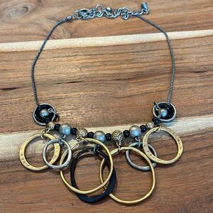 J Crew Gold Silver & Black Beaded & Hammered Circle Hoops Statement Necklace